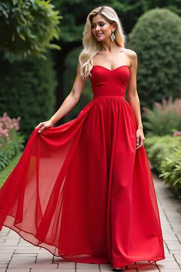 Rouge Une ligne Sweetheart Robe de bal longue en mousseline de soie